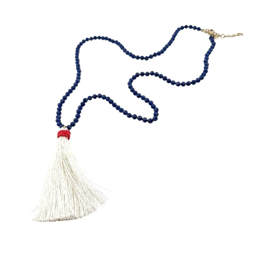J Crew Necklace with Navy Blue Beads and White Tassel